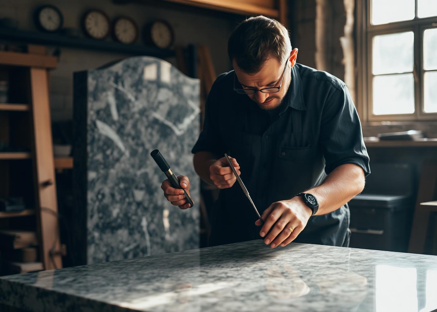 Rumi Stone craftsman engraving a granite memorial